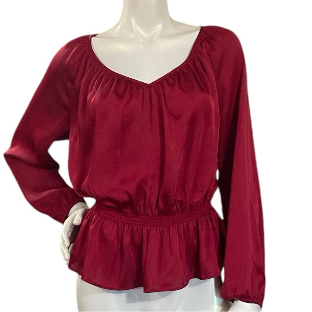 SOLD Women's MICHAEL Michael Kor's Red Shirred Waist Long Sleeve VNeck Blouse PL